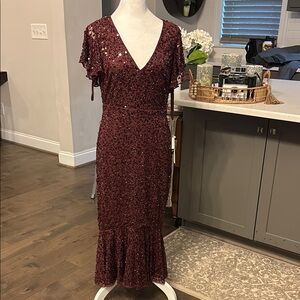 Mac Duggal Red Sheath Dress with Flutter Sleeves